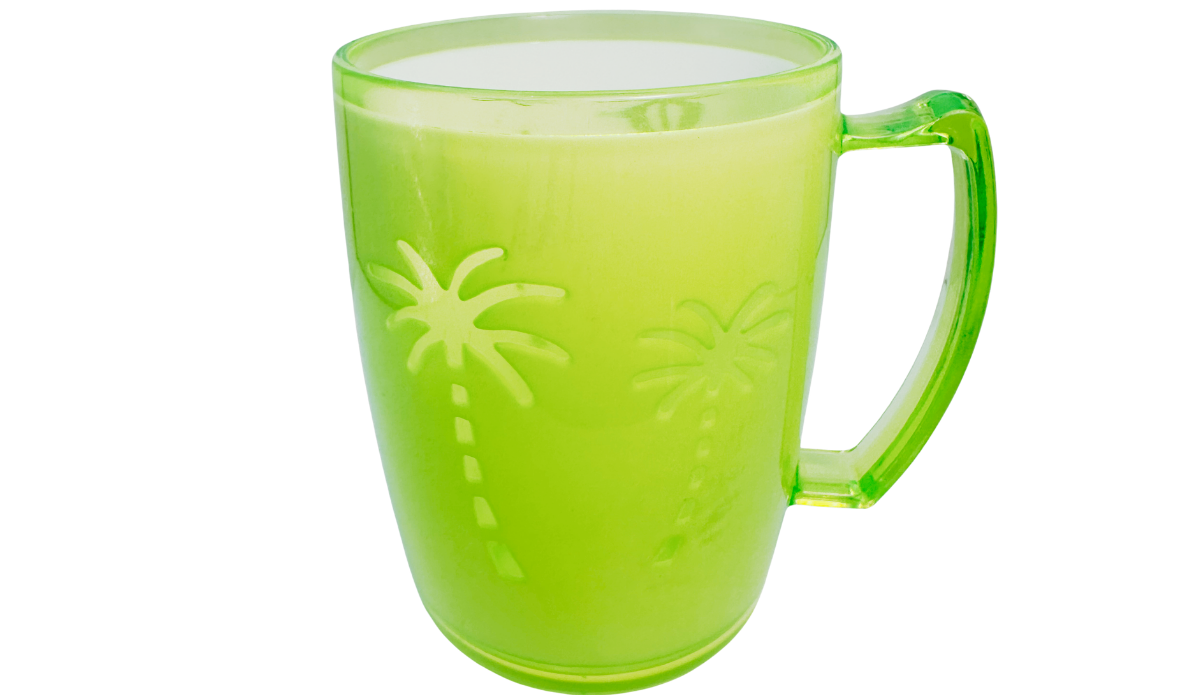 Neon green acrylic tumbler top view showing smooth open rim and translucent acrylic body