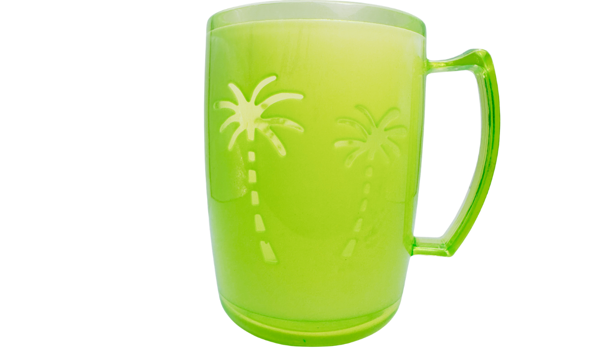 Neon green acrylic tumbler with embossed wraparound palm tree design front view