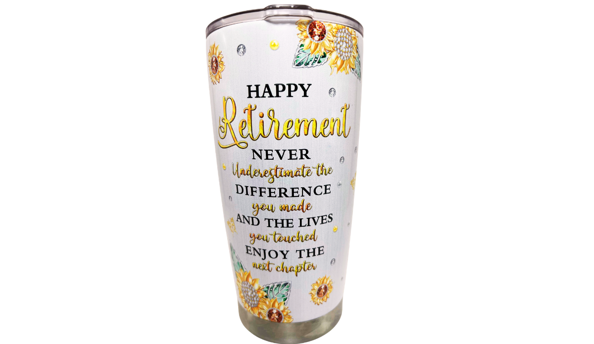 Happy Retirement Tumbler front view with retirement message, golden sunflowers, butterflies and jewel-like accents