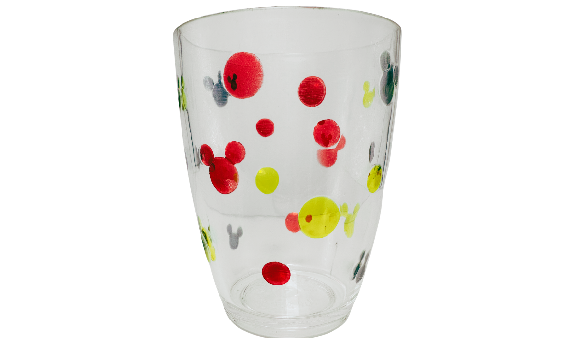 Vintage Disney Mickey Mouse clear acrylic tumbler with red, yellow and gray Mickey ears