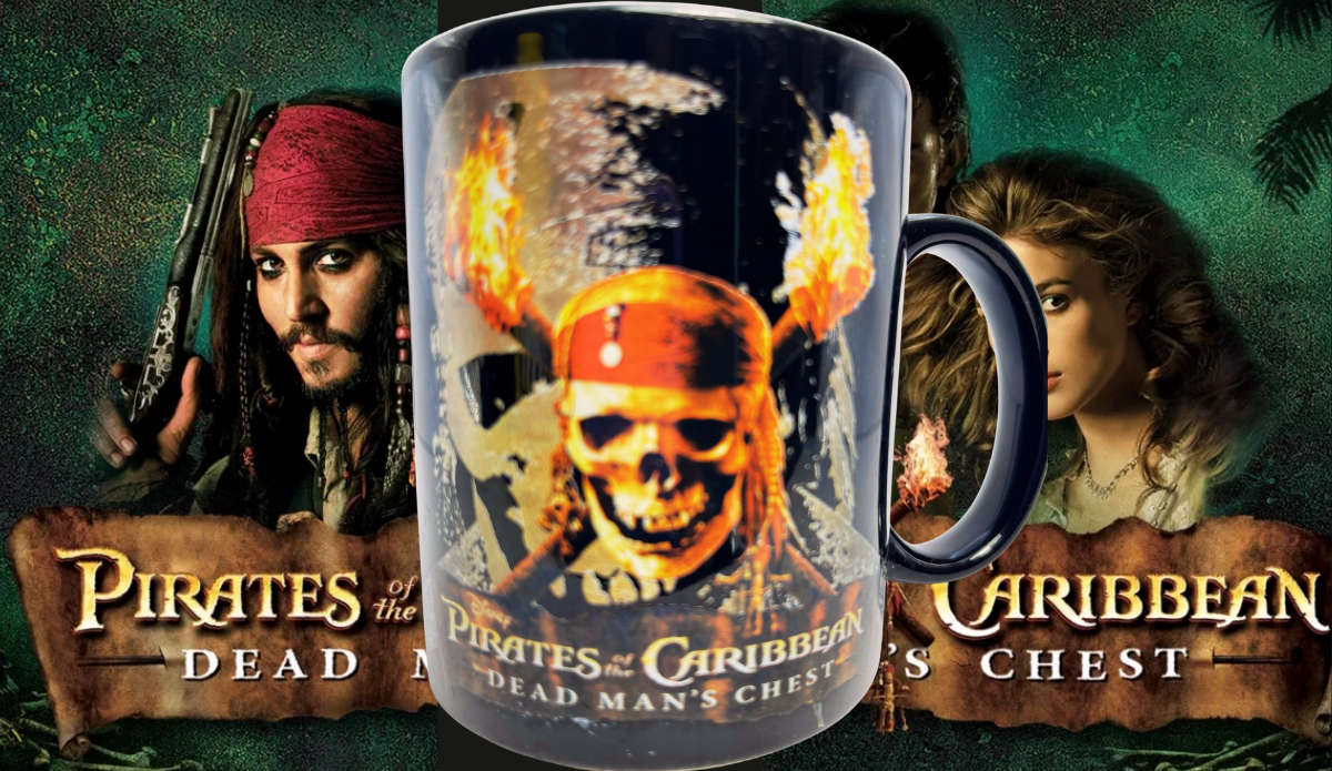 Disney Dead Mans Chest Mug displayed with Pirates of the Caribbean movie artwork