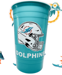 Miami Dolphins Plastic Cup displayed with historical and modern Dolphins team logos
