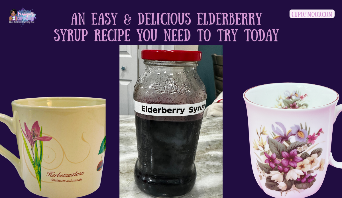 An easy and delicious elderberry syrup recipe hero image showing fresh elderberry branches, a plum mug, and finished homemade elderberry syrup