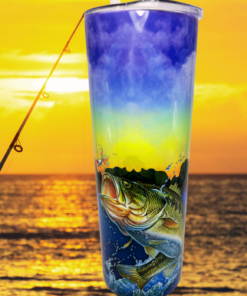 Bass Fishing Tumbler lifestyle scene with sunset fishing background and angler silhouette