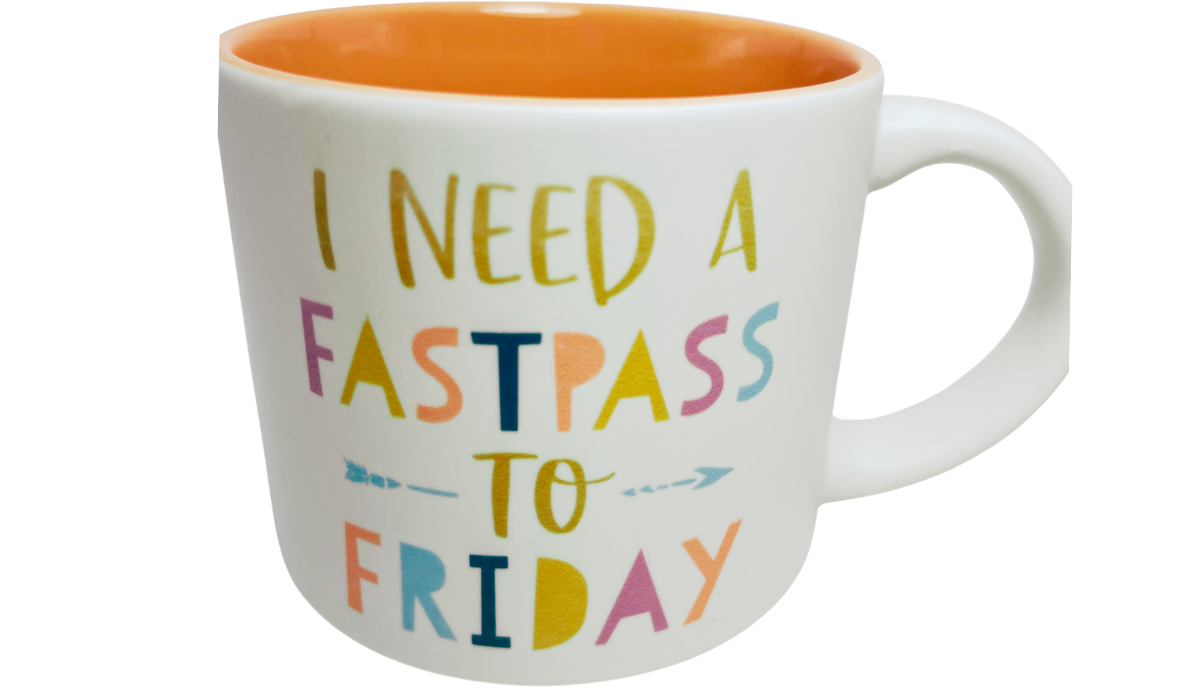 Disney FastPass Mug angled front view showing bright orange interior and colorful lettering