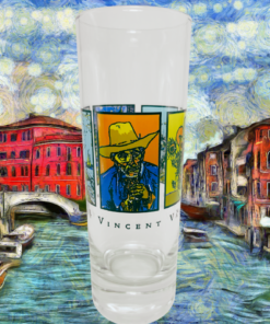 Van Gogh tall shot glass displayed against a colorful art-inspired canal scene