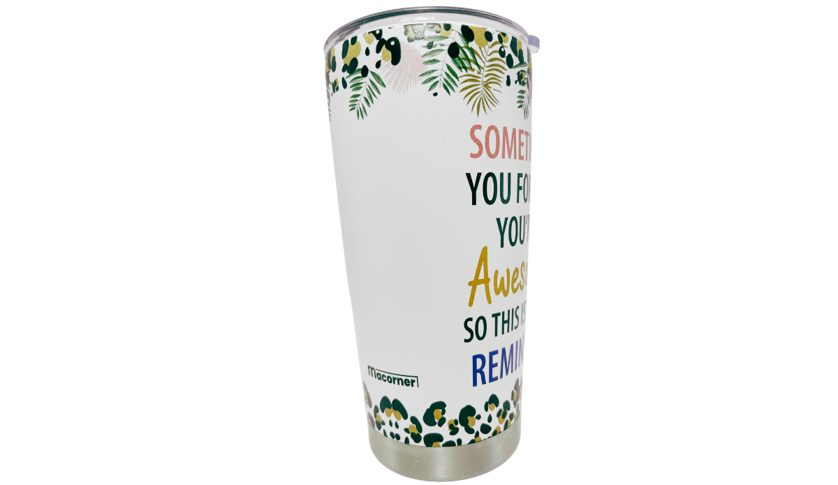 You’re Awesome Stainless Steel Tumbler middle view with Macorner marking, botanical details and leopard pattern