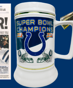 Indianapolis Colts Super Bowl XLI Champions Beer Stein with 2007 championship newspaper front page, Peyton Manning, and Tony Dungy holding the Lombardi Trophy