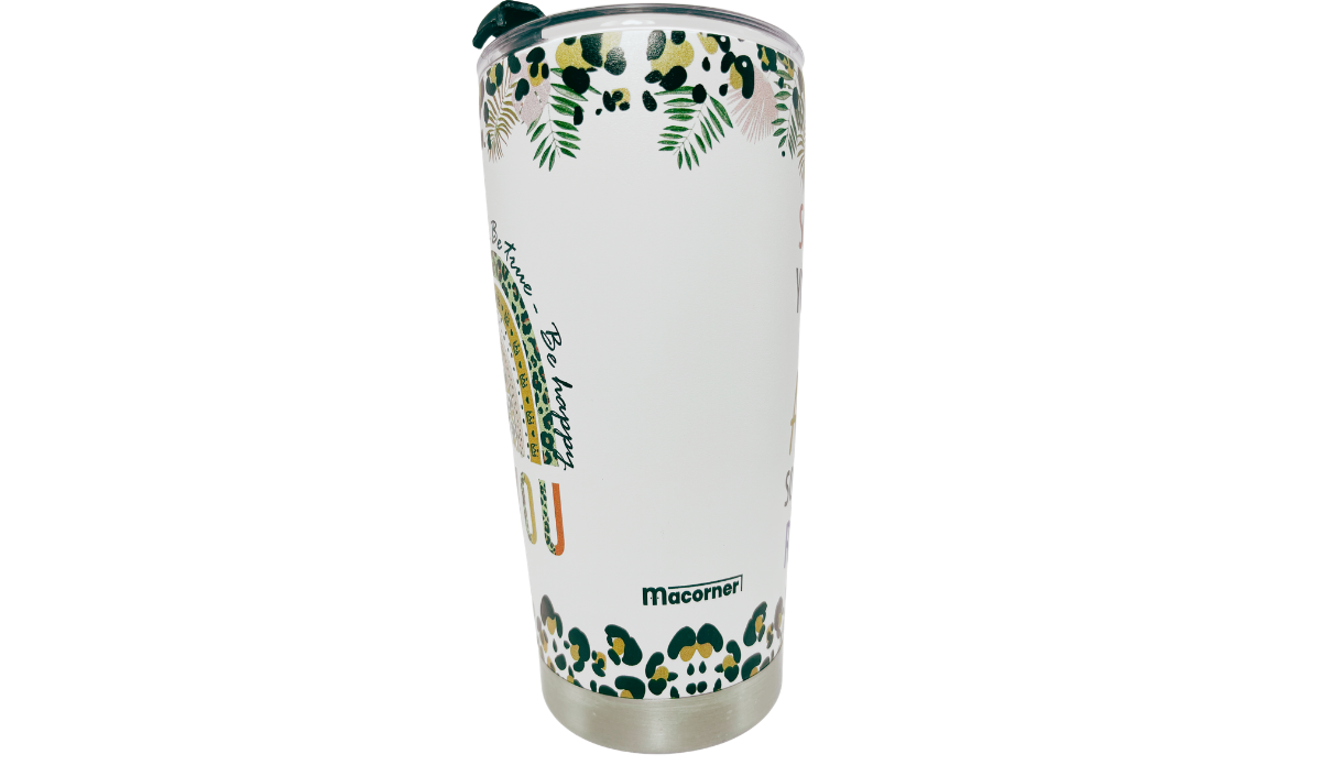 You’re Awesome Stainless Steel Tumbler side view with Macorner logo, patterned arch and botanical accents