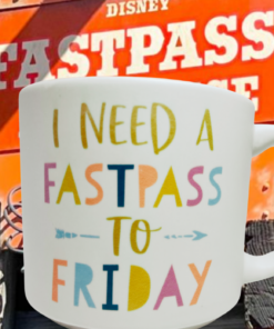 Disney FastPass Mug displayed with Disney FastPass themed attraction background