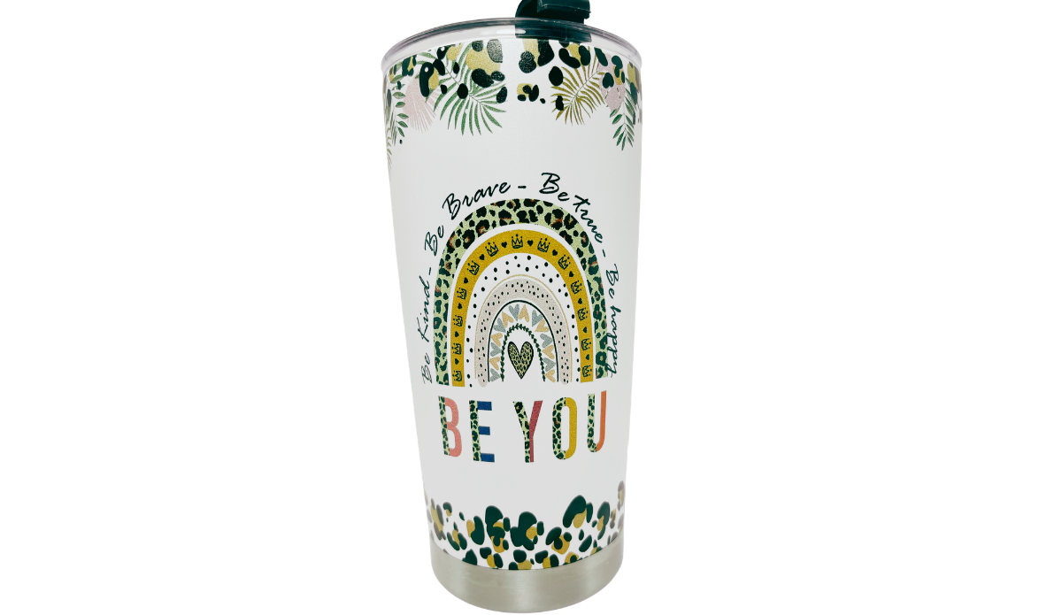 You’re Awesome Stainless Steel Tumbler back view with Be You rainbow graphic and inspirational wording