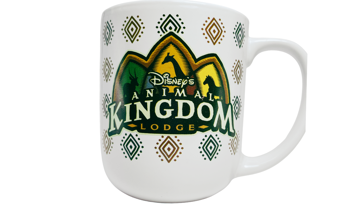 Disney Animal Kingdom Lodge Mug front view with green gold geometric pattern and resort emblem