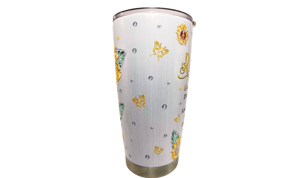 Happy Retirement Tumbler side view with golden butterflies, sunflowers, green leaves and jewel-like accents