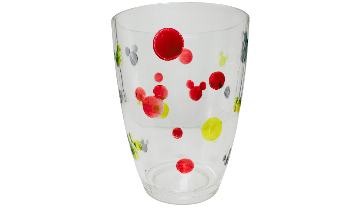 Clear vintage Mickey Mouse acrylic tumbler with colorful Mickey ear silhouettes and dots