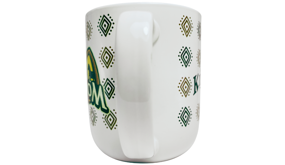 Disney Animal Kingdom Lodge Mug handle view with green and gold geometric pattern