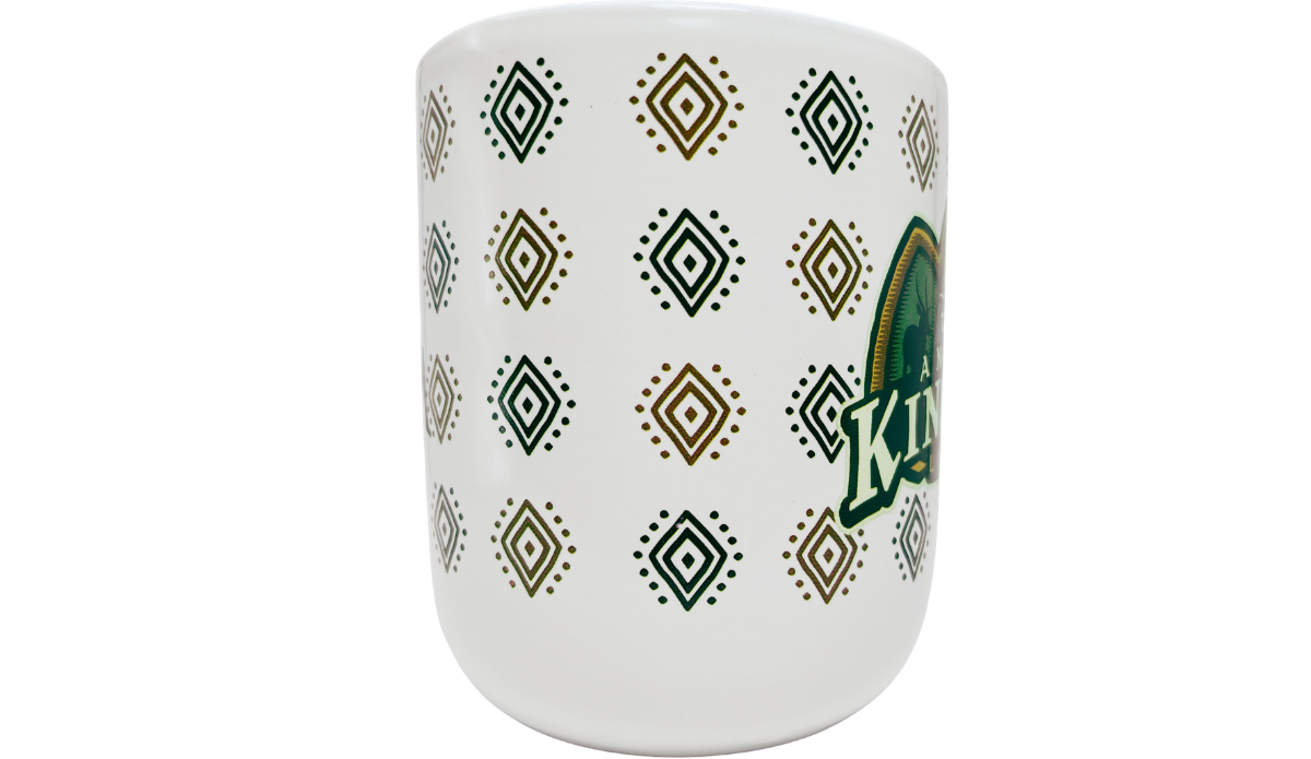 Disney Animal Kingdom Lodge Mug middle view with repeating green and gold diamond motifs