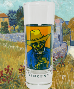 Van Gogh shot glass displayed against a Vincent van Gogh countryside painting