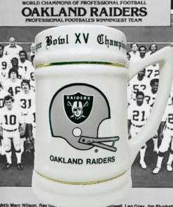 Oakland Raiders Super Bowl XV Champions Beer Stein displayed with historic championship team photograph