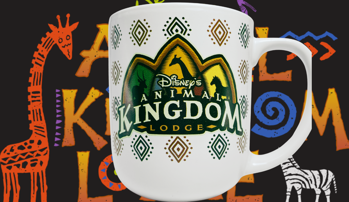Disney Animal Kingdom Lodge Mug displayed with colorful animal and geometric artwork