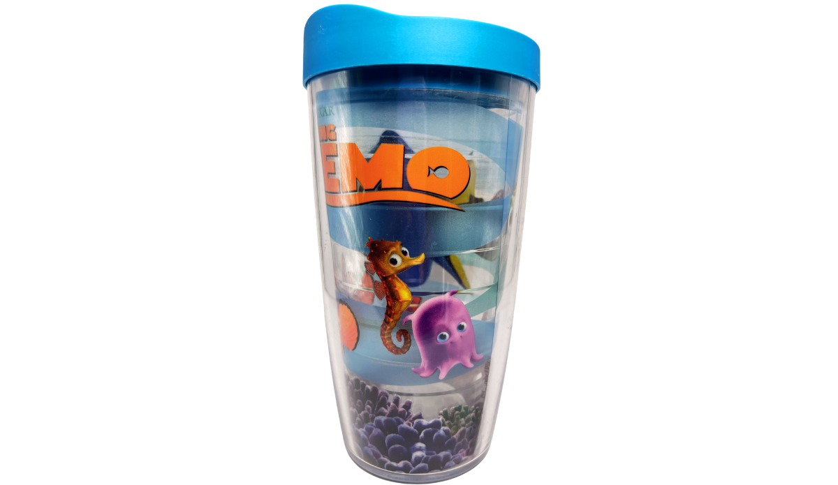 Finding Nemo Tervis Tumbler character view with Sheldon Pearl and orange Nemo logo