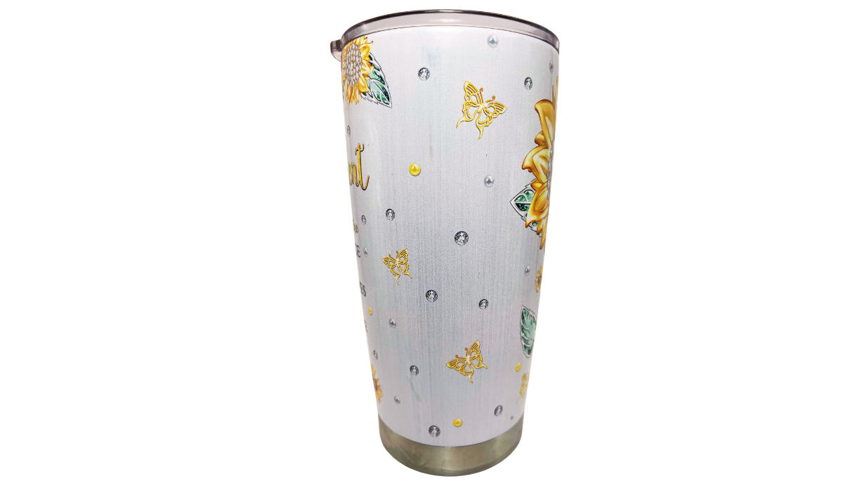 Happy Retirement Tumbler middle view with butterflies, sunflower details, leaves and decorative dots