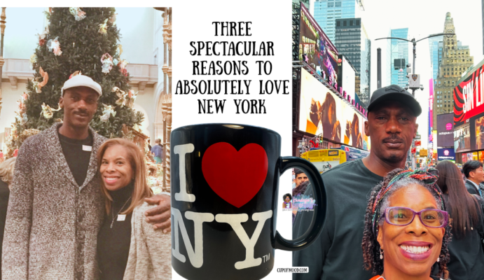 Michael and Khadeeja on New York trips through the years with an I Love NY mug and Times Square