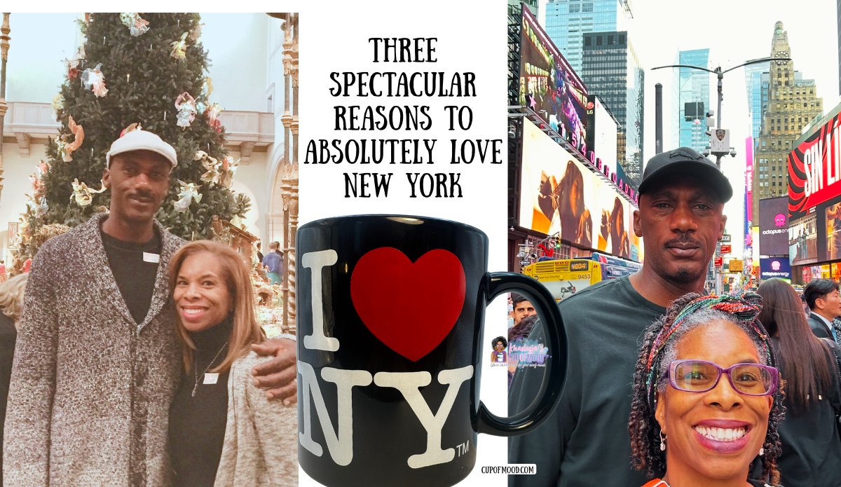 Michael and Khadeeja on New York trips through the years with an I Love NY mug and Times Square