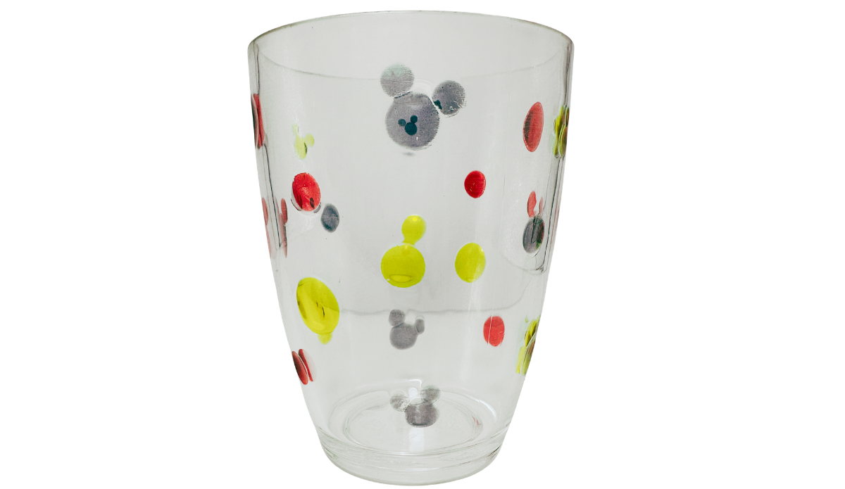Vintage Disney acrylic tumbler with gray red and yellow Mickey Mouse ears on clear body