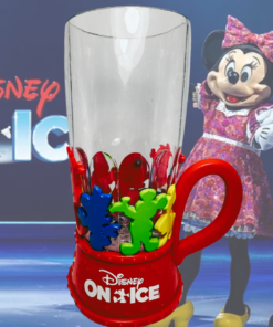 Disney On Ice Mickey light up acrylic souvenir cup displayed with Mickey and Minnie backdrop