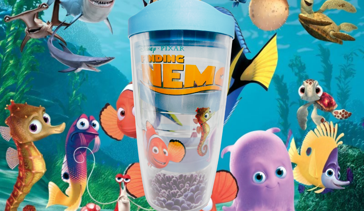 Disney Finding Nemo Tervis Tumbler displayed with colorful Finding Nemo ocean characters