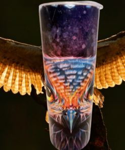 Vibrant Owl Tumbler lifestyle scene with dramatic owl wings against a dark background