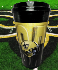New Orleans Saints Holographic Tumbler displayed on football field with large Saints fleur-de-lis