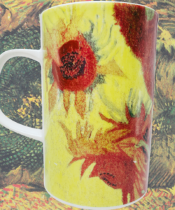 Dunoon Van Gogh Sunflowers mug displayed against a colorful art-inspired floral background