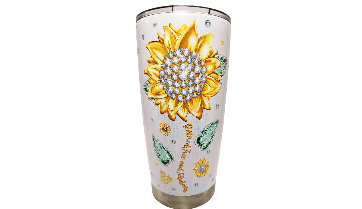 Happy Retirement Tumbler reverse view with large golden sunflower and Retired Free and Fabulous wording