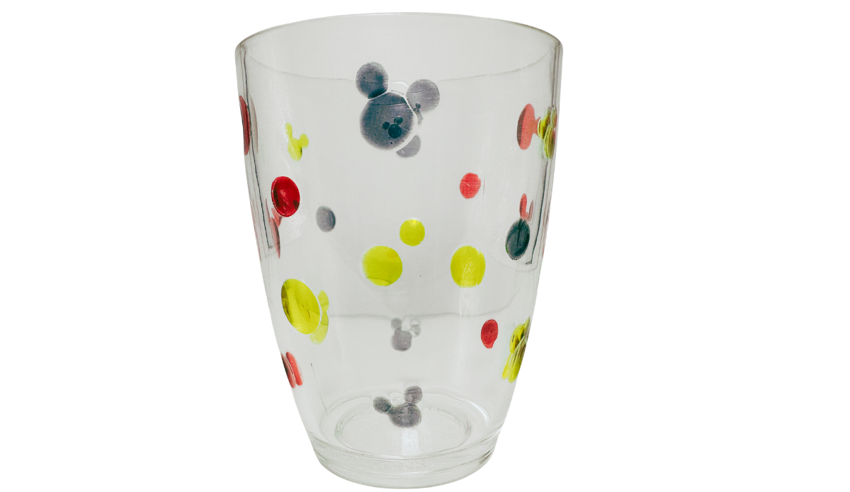 Clear Disney Mickey Mouse tumbler with gray Mickey ears and colorful circular pattern