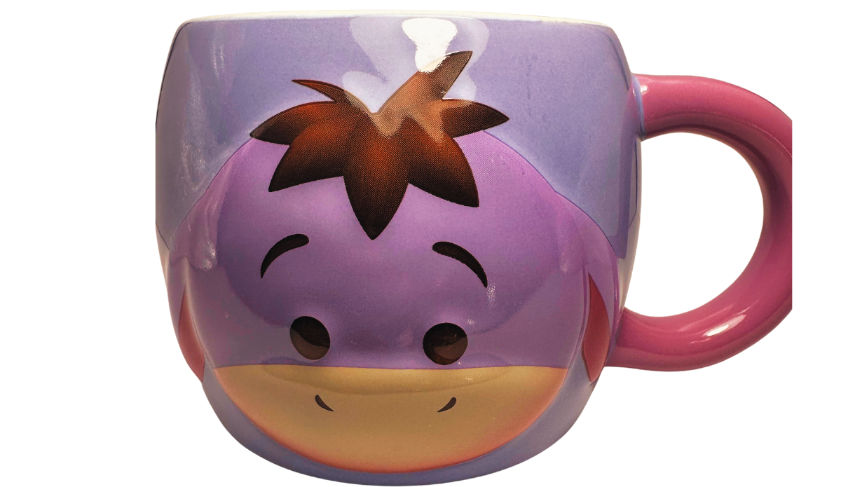 Disney Eeyore Tsum Tsum Mug front view with lavender face and pink handle