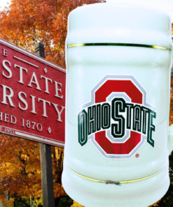 Ohio State Beer Stein displayed beside Ohio State University sign with autumn campus scenery