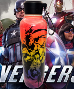 Marvel Avengers Rainbow Water Bottle lifestyle image with Avengers superheroes and logo background