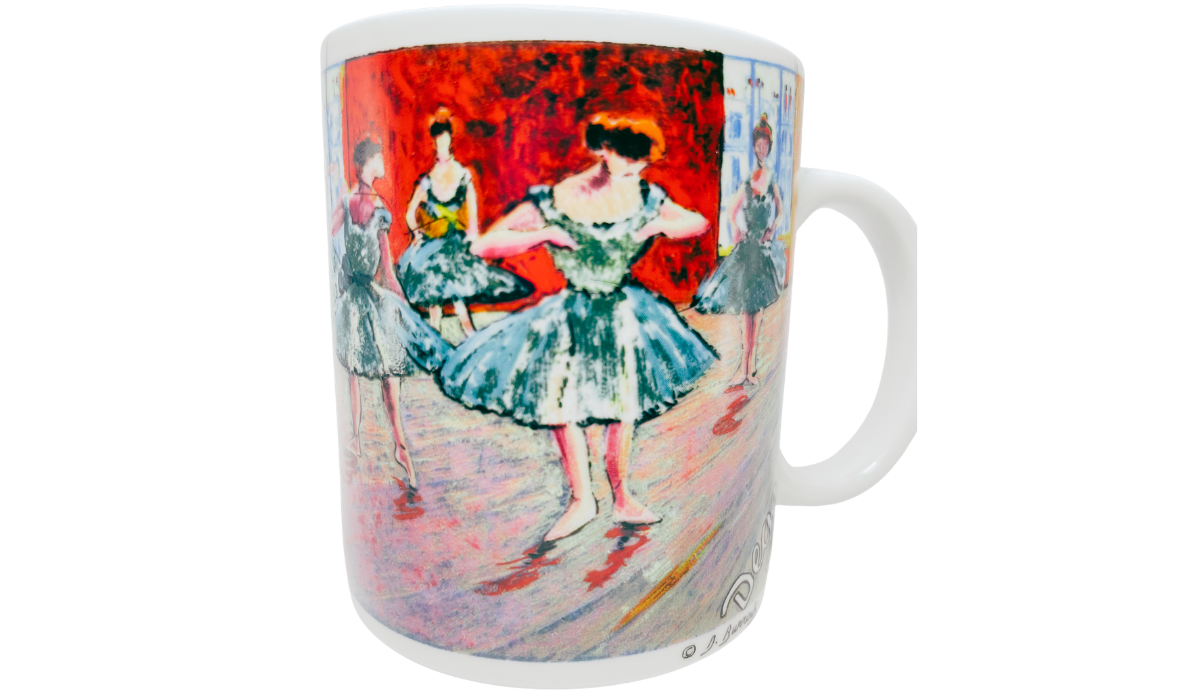 Edgar Degas ballerina mug front view with dancers in blue-green dresses and a vivid red studio background