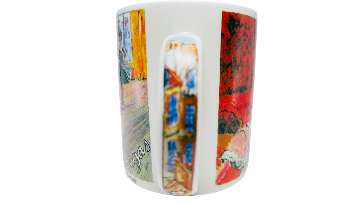 Edgar Degas ballerina mug handle view with architectural artwork printed along the white ceramic handle