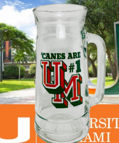 Miami Hurricanes Glass Beer Mug displayed on University of Miami campus with large U sculpture