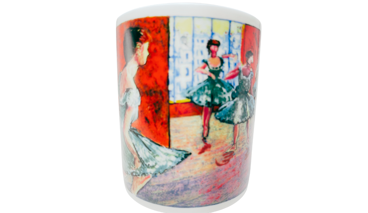 Edgar Degas ballerina mug middle view with dancers gathered near tall blue studio windows