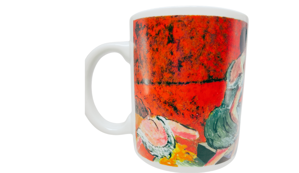 Edgar Degas ballerina mug side view with seated dancer against a textured red wall