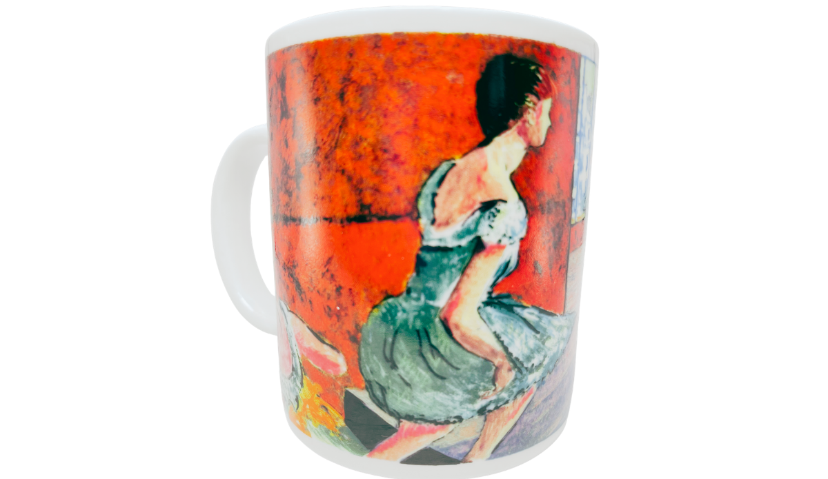 Edgar Degas ballerina mug back view with a seated dancer in a blue-green ballet dress