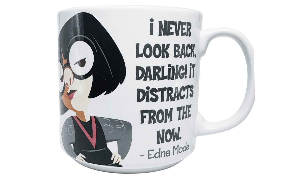 Disney Pixar Edna Mode Quotes Mug with character portrait and I Never Look Back quote