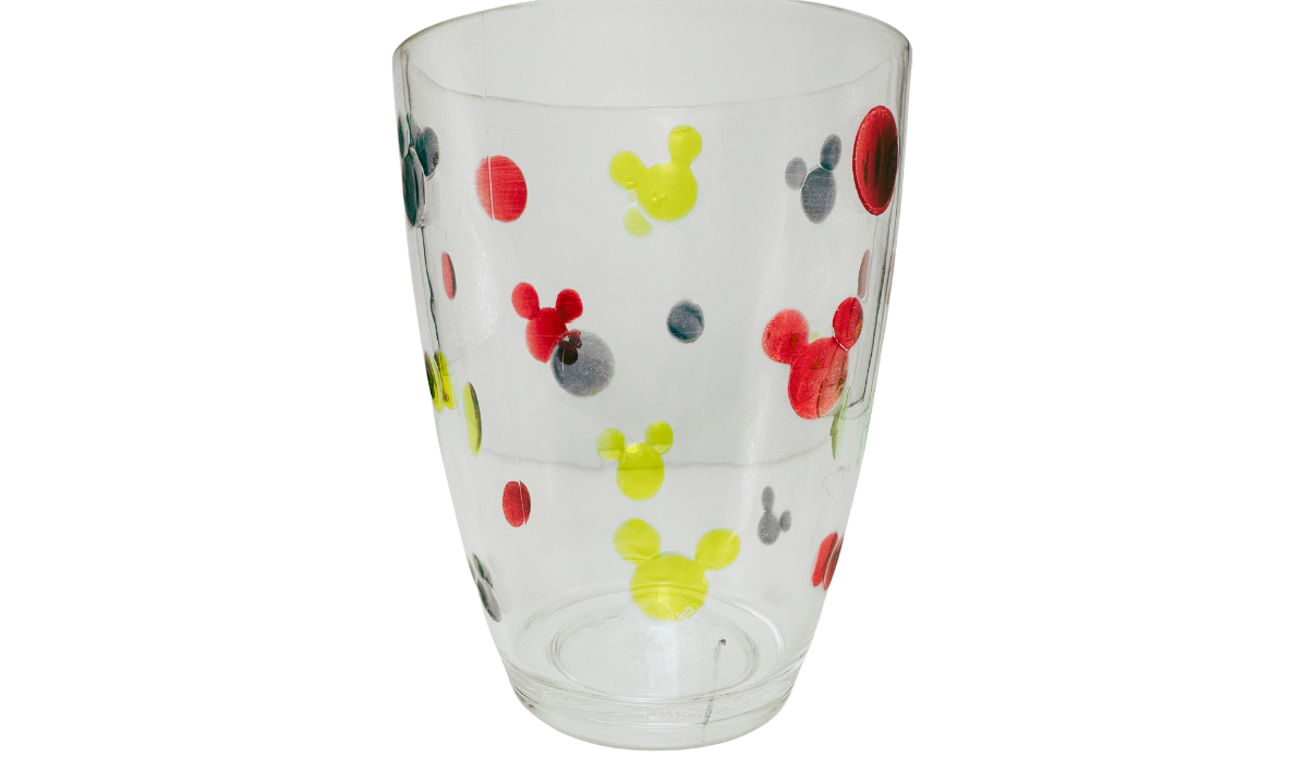 Vintage clear Mickey Mouse acrylic tumbler with red yellow and gray Mickey ear pattern