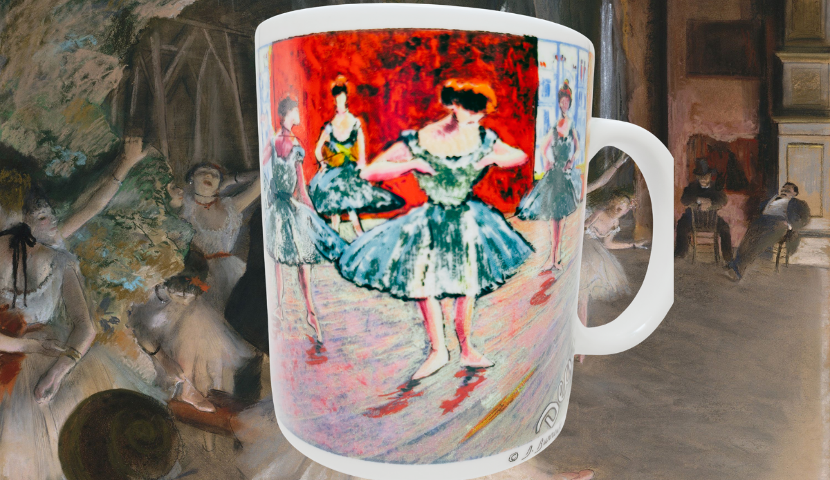 Edgar Degas ballerina mug displayed against an Edgar Degas ballet rehearsal painting
