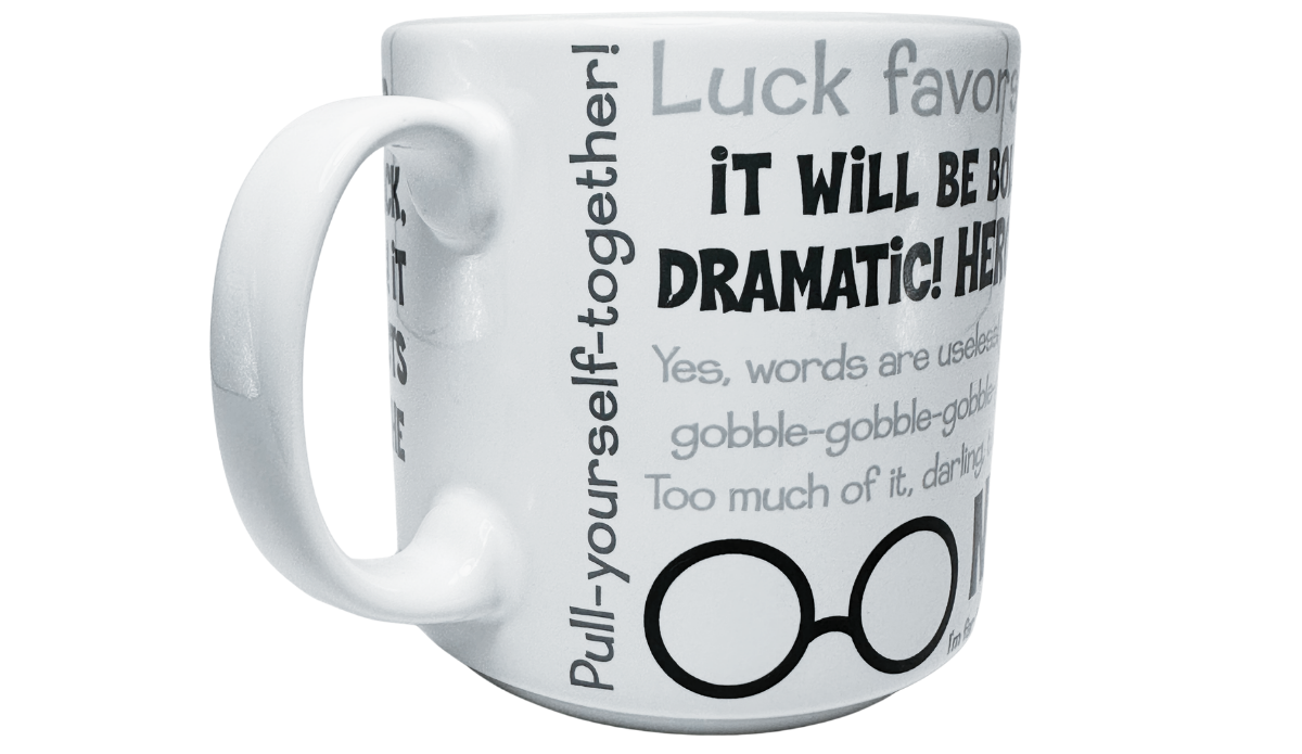 Edna Mode mug handle-side view with quotes and signature eyeglasses graphic