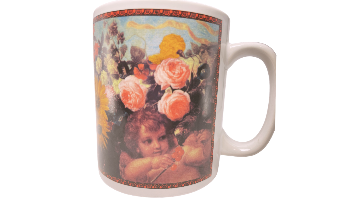 Cafe Arts Raphael Cherubs floral mug front view with roses, flowers, and classical angel artwork