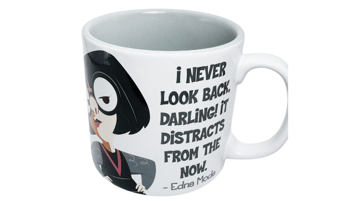 Disney Pixar Edna Mode quote mug inside view with light gray glazed interior